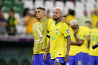 Brazil's Neymar cries at the end of the World Cup quarterfinal soccer match between Croatia and Brazil, at the Education City Stadium in Al Rayyan, Qatar, Friday, Dec. 9, 2022. (AP Photo/Darko Bandic)