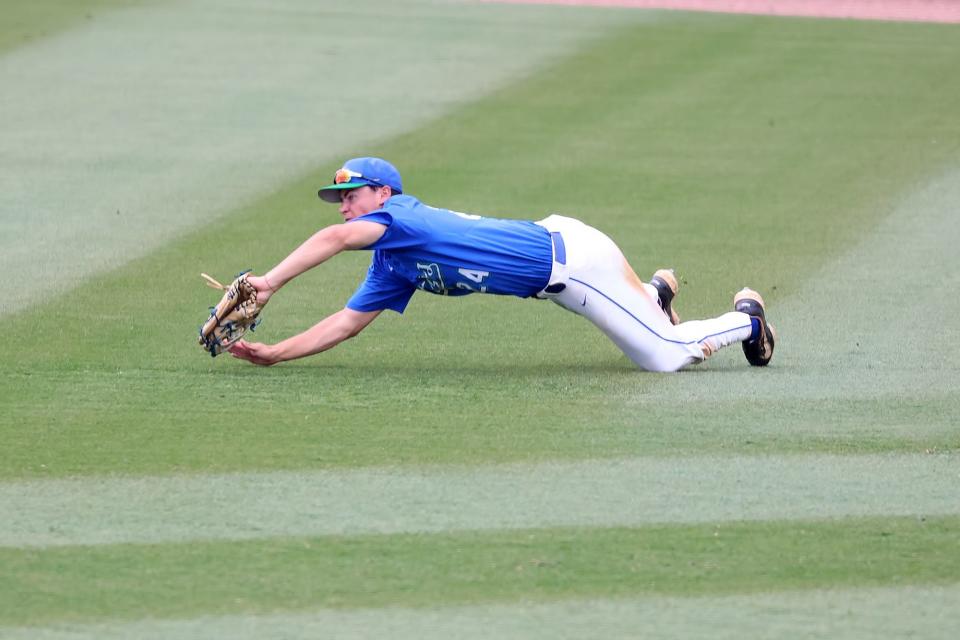 UWF's Dean Hotz makes a diving against Delta State during the 2023 Gulf South Conference tournament on May 9, 2023 from Choccolocco Park in Oxford, Alabama.