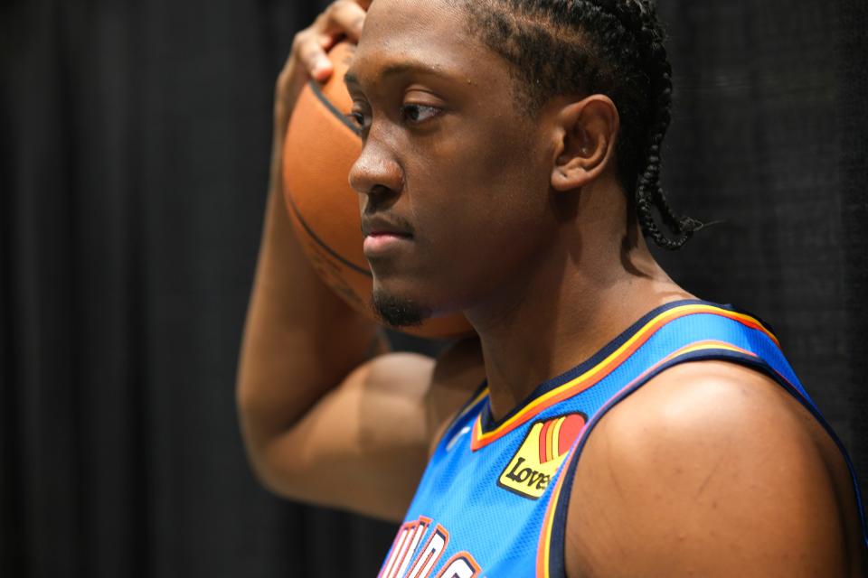 Jalen Williams (8) poses for a photo at Thunder Media Day, held in the Oklahoma City Convention Center on Monday, Oct. 2, 2023.