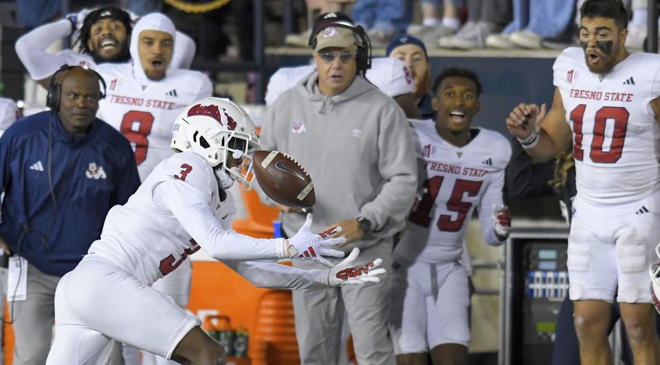 Fresno State defensive back Al’zillion Hamilton (3) almost intercepts a Utah State pass during the second half of an NCAA college football game Friday, Oct. 13, 2023, in Logan, Utah. | Eli Lucero/The Herald Journal via AP