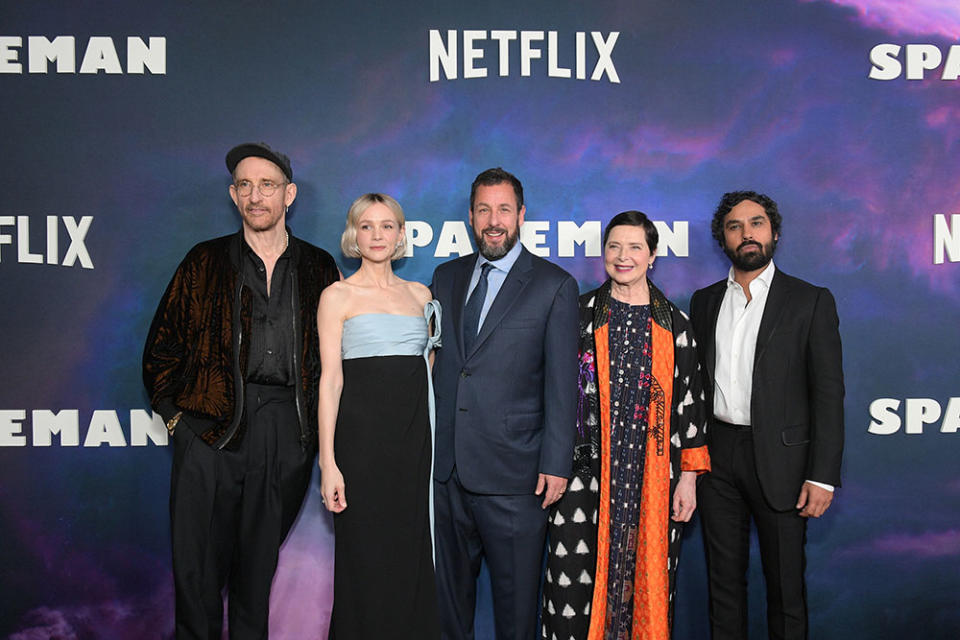 (L-R) Johan Renck, Carey Mulligan, Adam Sandler, Isabella Rossellini, and Kunal Nayyar attend Netflix's "Spaceman" LA Special Screening at The Egyptian Theatre Hollywood on February 26, 2024 in Los Angeles, California.