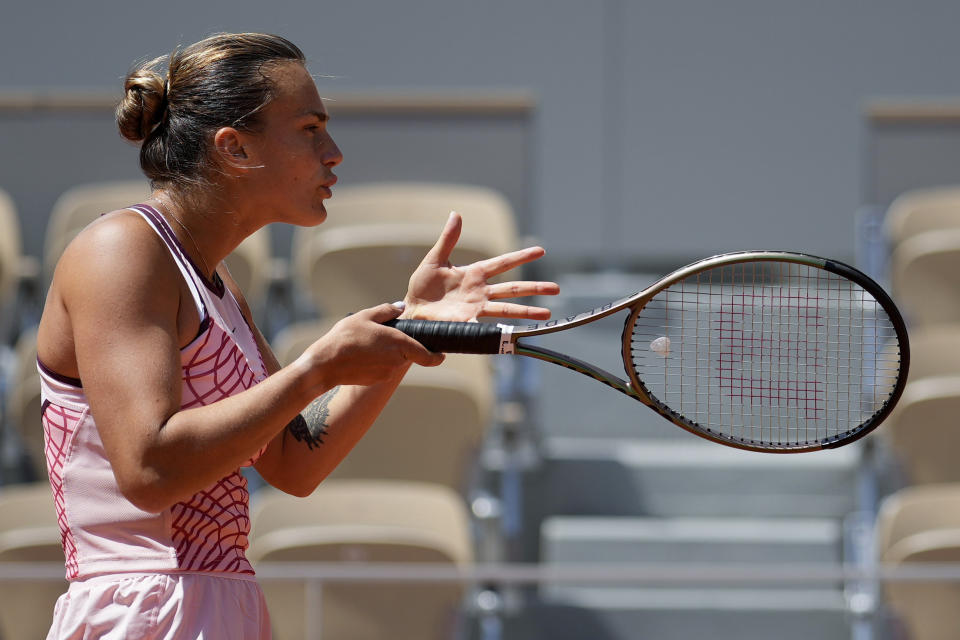 Aryna Sabalenka of Belarus reacts during her third round match of the French Open tennis tournament against Russia's Kamilla Rakhimova, at the Roland Garros stadium in Paris, Friday, June 2, 2023. (AP Photo/Thibault Camus)