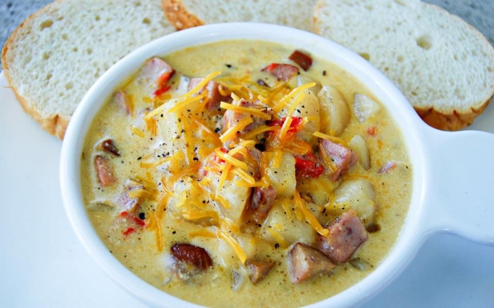 <p>Krista Marshall</p><p>This simple chowder recipe is creamy and hearty. </p><p><strong>Get the Recipe: <a href="/842772/kristamarshall/slow-cooker-cheesy-sausage-chowder/" data-ylk="slk:Crock Pot Cheesy Sausage Chowder;elm:context_link;itc:0;sec:content-canvas" class="link ">Crock Pot Cheesy Sausage Chowder</a></strong></p>