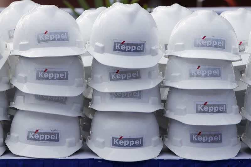 FILE PHOTO: Hard hats for visitors during the Keppel FELS delivery ceremony of their semi-submersible accommodation rig to Floatel at their shipyard in Singapore