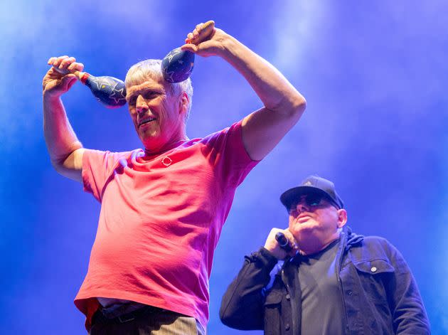 Bez (and his maracas) on stage with fellow Happy Mondays star Shaun Ryder. (Photo: Shirlaine Forrest via Getty Images)