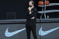 Washington's head coach Mike Hopkins watches during the second half of an NCAA college basketball game against Baylor, Sunday, Nov. 29, 2020, in Las Vegas. (AP Photo/John Locher)