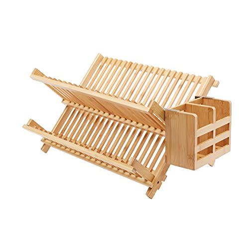 8) Folding 2-Tier Bamboo Dish Drying Rack with Utensil Holder