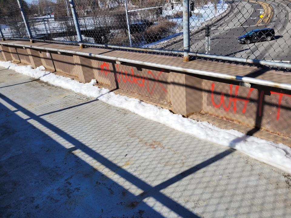 New hateful graffiti was found on a pedestrian bridge in Portsmouth on Friday, March 3, 2023, days after numerous downtown buildings and places of worship were targeted with similar vandalism.