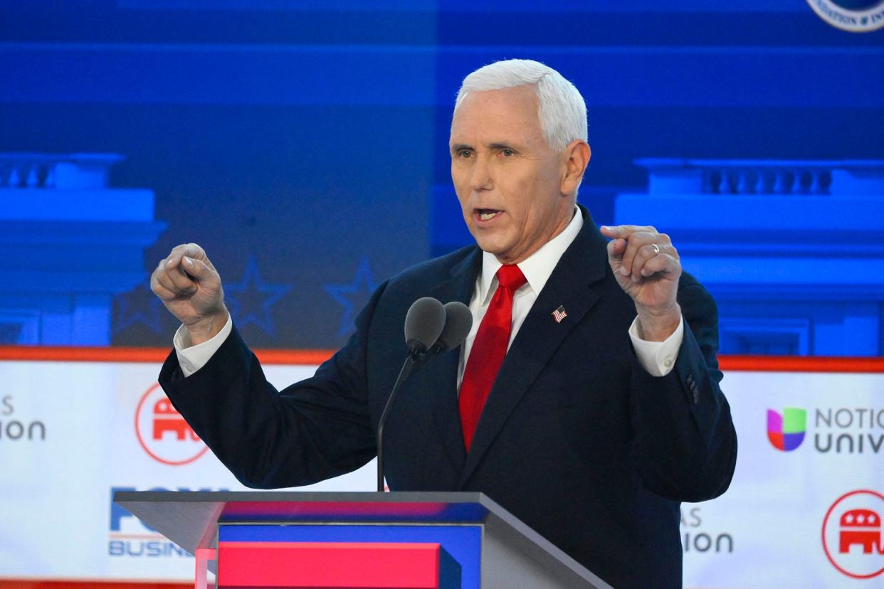 Former Vice President Mike Pence speaks during the FOX Business Republican presidential primary debate at the Ronald Reagan Presidential Library and Museum.