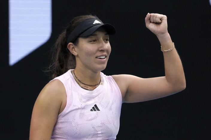 Jessica Pegula of the U.S. celebrates after defeating Barbora Krejcikova of the Czech Republic during their fourth round match at the Australian Open tennis championship in Melbourne, Australia, Sunday, Jan. 22, 2023. (AP Photo/Ng Han Gua