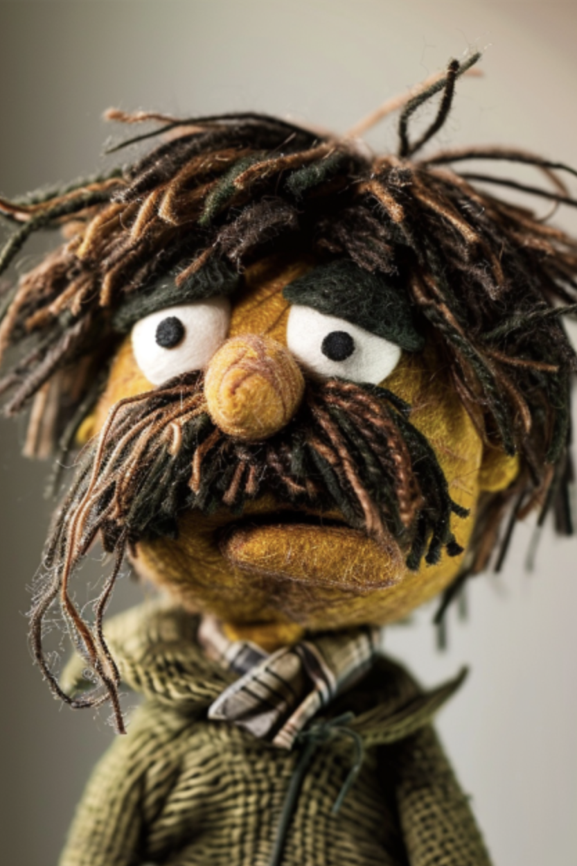 Puppet character with shaggy hair and a green textured sweater, personifying a disheveled look