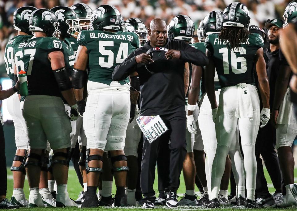 Michigan State head coach Mel Tucker walks off the field after talking to players during the second half against Central Michigan at Spartan Stadium in East Lansing on Friday, Sept. 1, 2023.