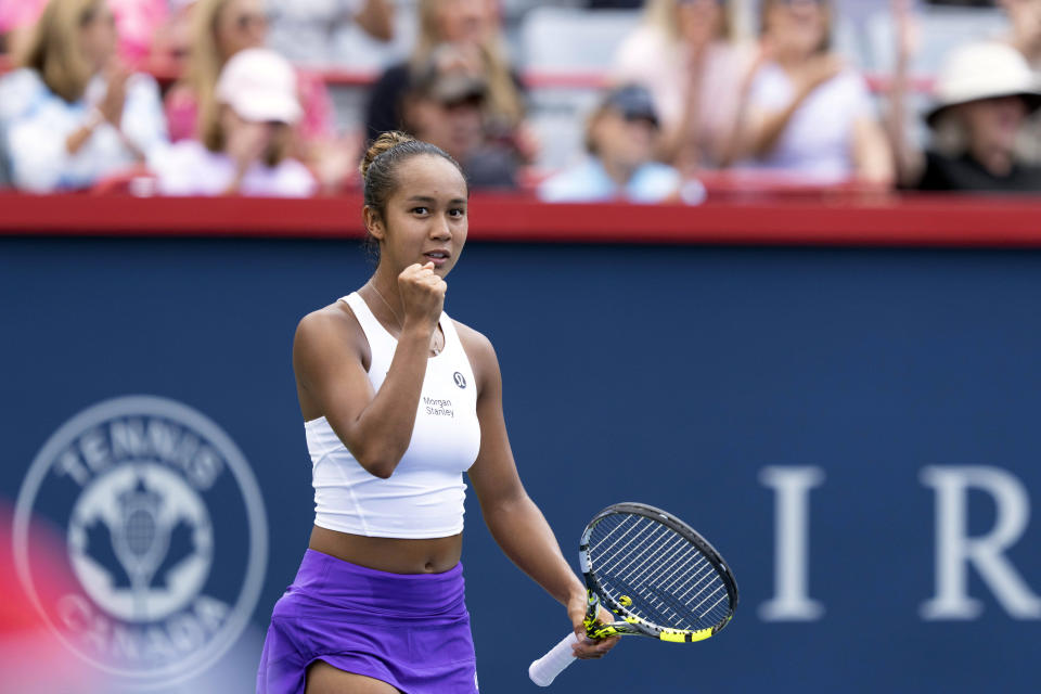 Leylah Fernandez, of Canada, celebrates her win over Peyton Stearn,s of the United States, during the National Bank Open women's tennis tournament in Montreal, Tuesday, Aug. 8, 2023. (Christinne Muschi/The Canadian Press via AP)