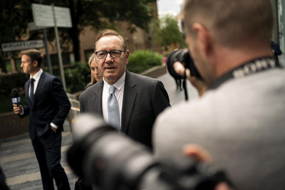 Actor Kevin Spacey leaves Southwark Crown Court, London, Thursday July 13, 2023. Spacey took a dramatic pause in his testimony Thursday and appeared to almost choke up as he recalled the “intimate” and “somewhat sexual” friendship he shared with a man now accusing the actor of violently groping him. He said he was “crushed” when he learned of the allegations. (Aaron Chown/PA via AP)