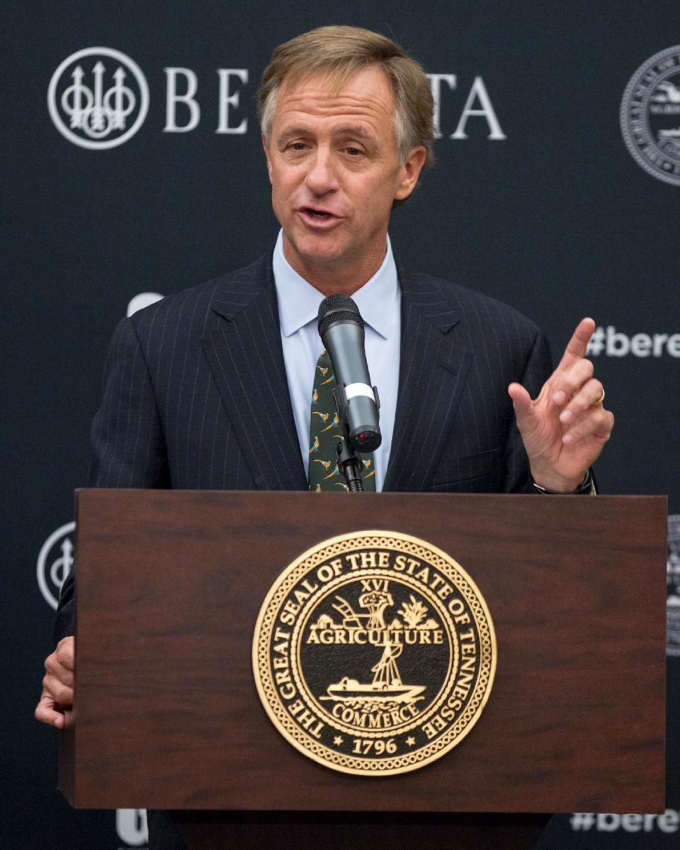 Tennessee Gov. Bill Haslam speaks during a ceremony at the state Capitol in Nashville, Tenn., on Wednesday, Jan. 29, 2014, to announce that firearms maker Beretta USA Corp. is building a new manufacturing a research facility in the state. The $45 million plant is expected to be completed this year and could create 300 jobs. (AP Photo/Erik Schelzig)