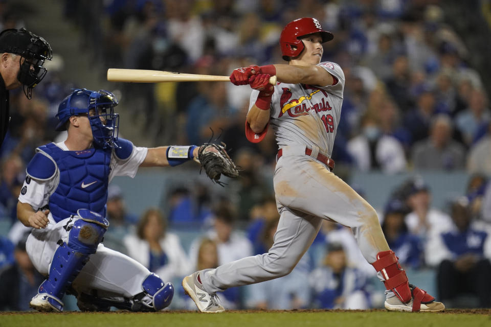 St. Louis Cardinals' Tommy Edman (19) singles during the ninth inning of a National League Wild Card playoff baseball game against the Los Angeles Dodgers Wednesday, Oct. 6, 2021, in Los Angeles. (AP Photo/Marcio Jose Sanchez)