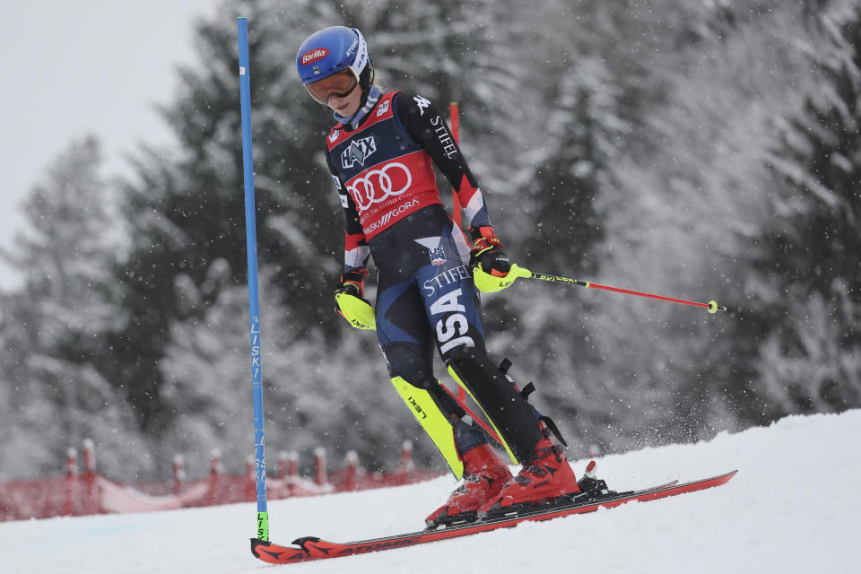 United States' Mikaela Shiffrin skis down the course after straddling a pole during the first run of an alpine ski, women's World Cup slalom race, in Kranjska Gora, Slovenia, Sunday, Jan. 7, 2024. (AP Photo/Marco Trovati)