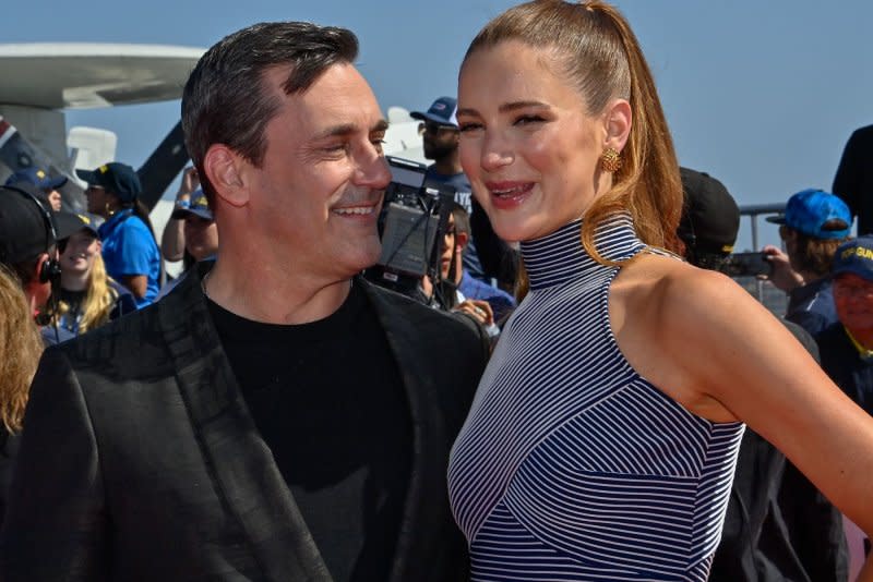 Jon Hamm and Anna Osceola attend the premiere of "Top Gun: Maverick" at the USS Midway in San Diego in 2022. File Photo by Jim Ruymen/UPI