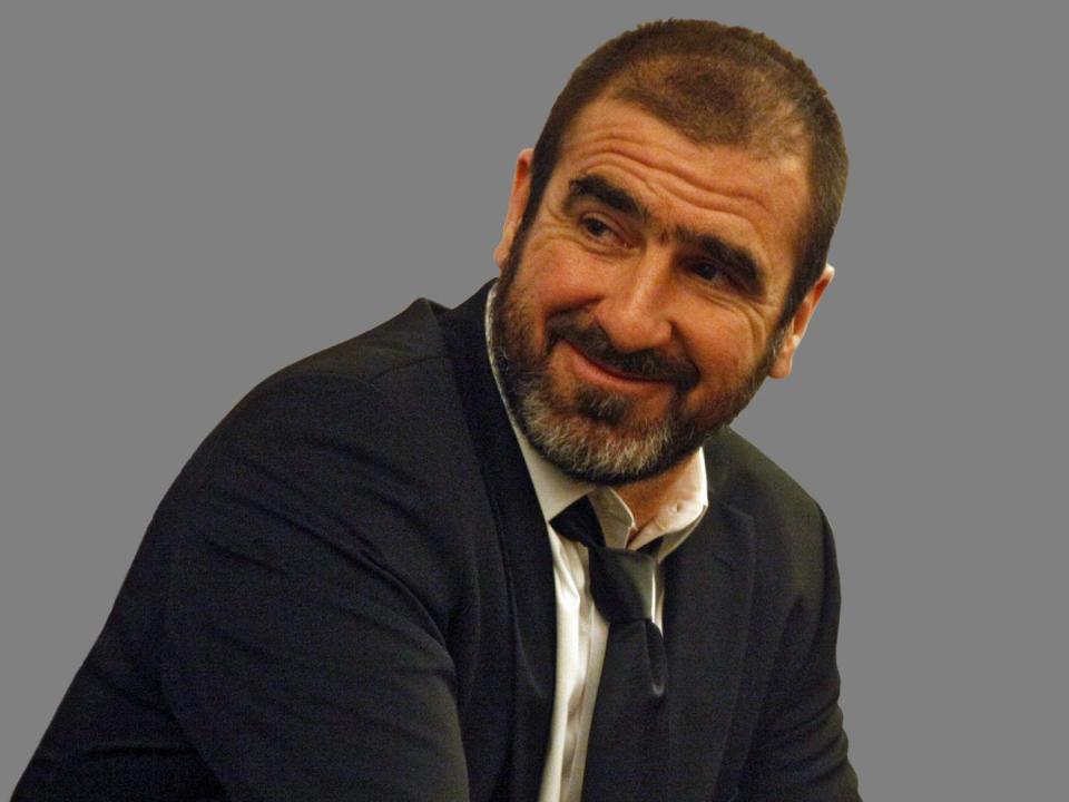 Eric Cantona headshot, actor and former soccer player, graphic element on gray