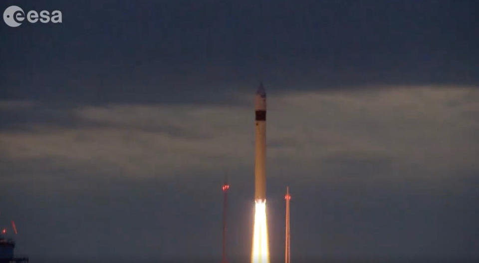 Europe's Sentinel-3B Earth-observation satellite launches atop a Rockot rocket from Plesetsk Cosmodrome in Russia on April 25, 2018. <cite>ESA</cite>