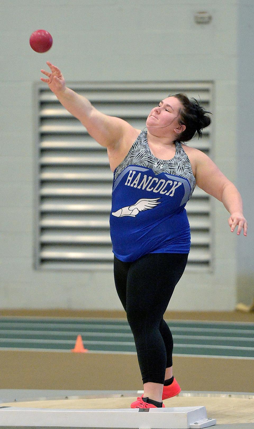 Hancock's Joslyn Foltz wins the girls shot put during the Washington County Indoor Track and Field Championships on Friday at Hagerstown Community College.