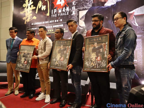 "Ip Man 4" producer Raymond Wong, stars Donnie Yen and Danny Chan, and screenwriter Edmond Wong taking a commemorative photo with distributor Lotus Five Star's Datuk R. Doraisingam Pillai, Mr. Garuna Murthee and Mr. Karhiik Doraisingam at the press conference.