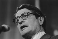 <p>Elliot Richardson at a Department of Justice press conference in which he explained the conflicting demands that led him to resign as attorney general. (Photo: AP) </p>