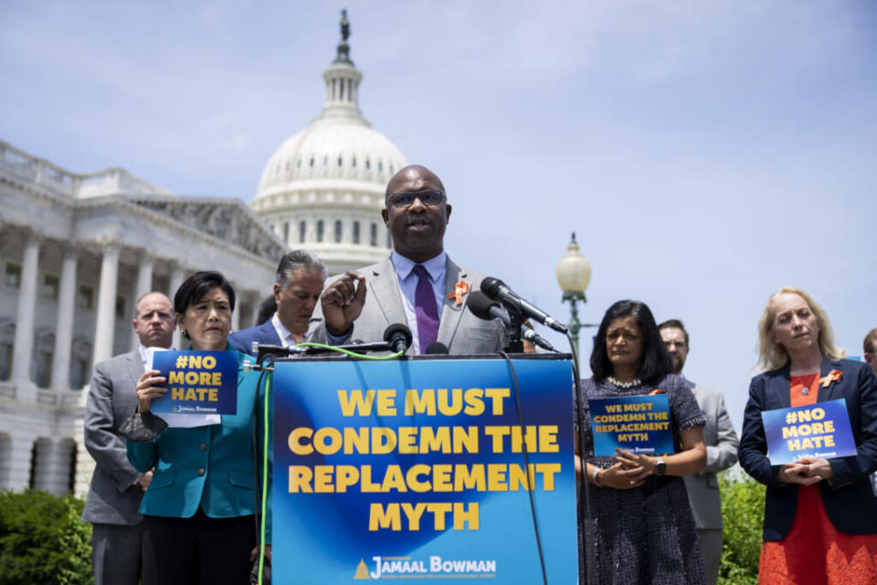 Rep. Jamaal Bowman (D-NY) speaks during a news conference announcing a resolution to condemn replacement theory outside the U.S. Capitol June 8, 2022 in Washington, DC. (Photo by Drew Angerer/Getty Images)