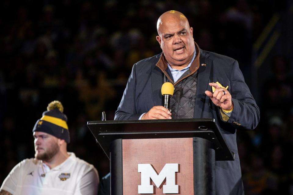 Michigan athletic director Warde Manuel speaks during the national championship celebration at Crisler Center in Ann Arbor on Saturday, Jan. 13, 2024.