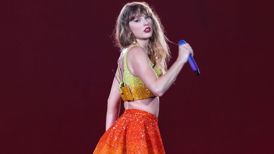 Taylor Swift performing songs from her '1989' album during an 'Eras Tour' concert in Paris on Sunday. - Kevin Mazur/TAS24/Getty Images
