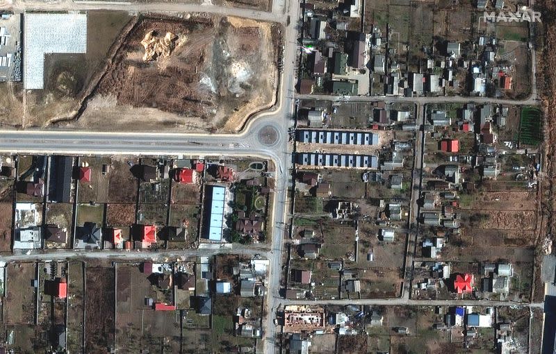 A satellite image shows an overview of Yablonska Street, in Bucha