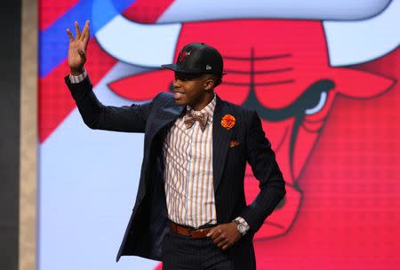 Jun 22, 2017; Brooklyn, NY, USA; Justin Patton (Creighton) is introduced as the number sixteen overall pick to the Chicago Bulls in the first round of the 2017 NBA Draft at Barclays Center. Mandatory Credit: Brad Penner-USA TODAY Sports