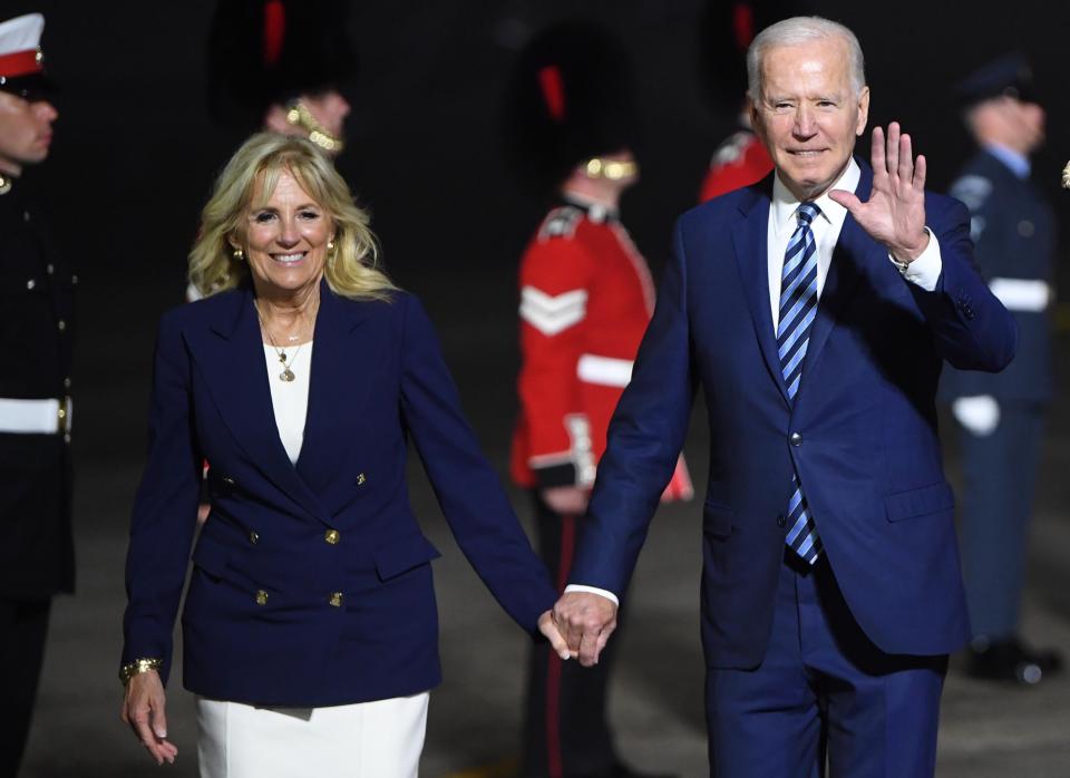 Joe Biden and First Lady Jill Biden (left) arrive in Cornwall (EPA)