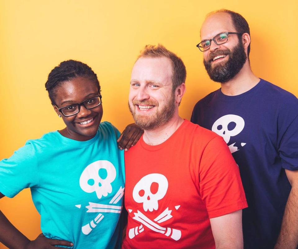 Story Pirates podcast hosts Nimene Wureh, Lee Overtree and Peter McNerney.