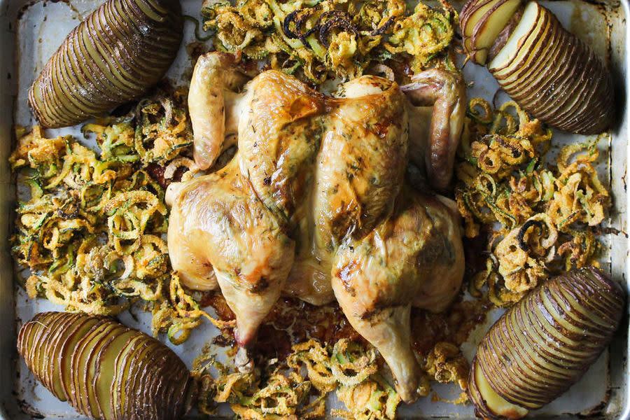 Spatchcock Chicken, Hasselback Potato, and Zucchini Fries Dinner