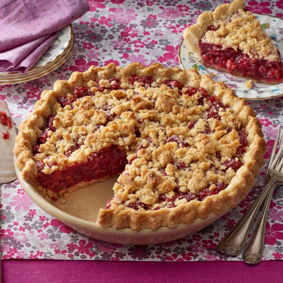 cherry crumb pie with purple background