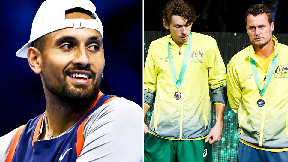 Nick Kyrgios, pictured here alongside Alex de Minaur and Lleyton Hewitt.