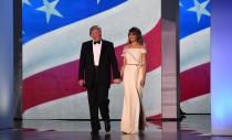 <p>Melania donned a white, off-the-shoulder gown by Hervé Pierre to the Freedom Inaugural Ball.</p>