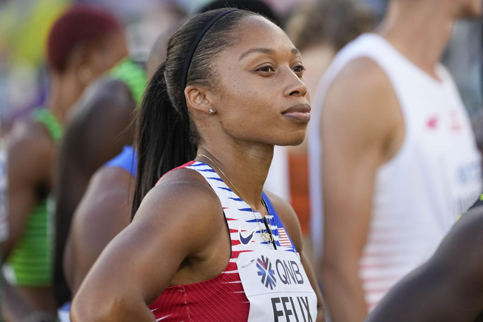 Allyson Felix, of the United States, prepares to run the final 4x400 meters mixed relay at the World Athletics Championships Friday, July 15, 2022, in Eugene, Ore. (AP Photo/David J. Phillip)