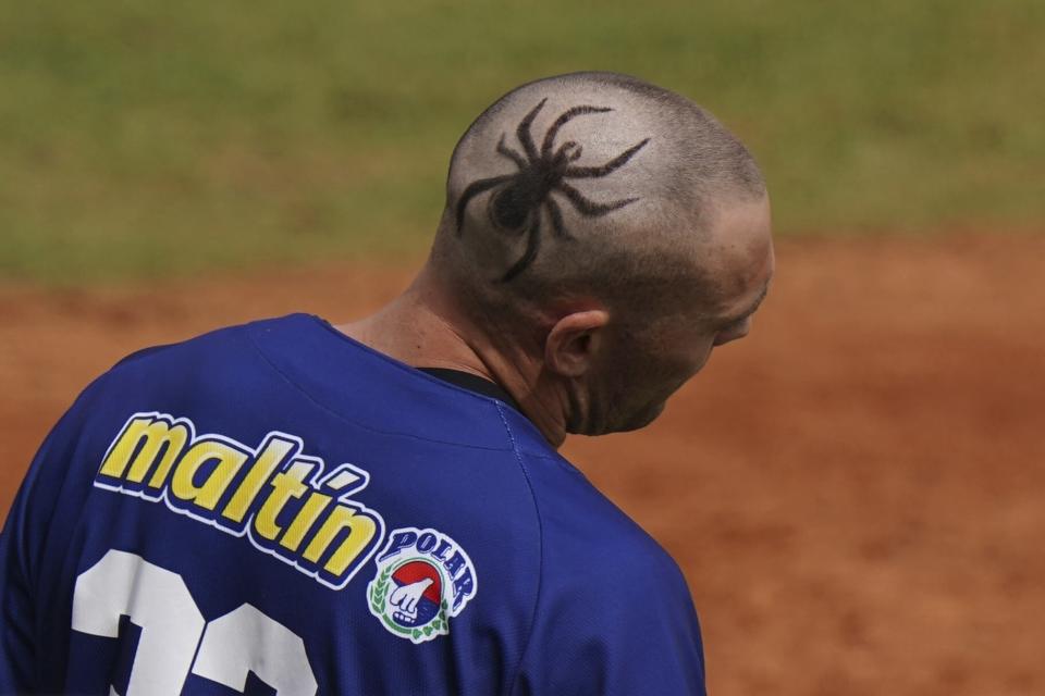 Venezuelan player Cade Gotta wears a spider shape in his haircut during a Caribbean Series baseball game against Panama in Santo Domingo, Dominican Republic, Monday, Jan. 31, 2022. (AP Photo/Fernando Llano)