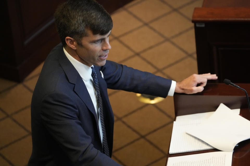 Solicitor General Scott G. Stewart with the Mississippi Attorney General's Office, argues on the constitutionality of a Mississippi law that would authorize some judges who would be appointed in a state where most judges are elected, Thursday, July 6, 2023, before the Mississippi Supreme Court in Jackson, Miss. (AP Photo/Rogelio V. Solis)