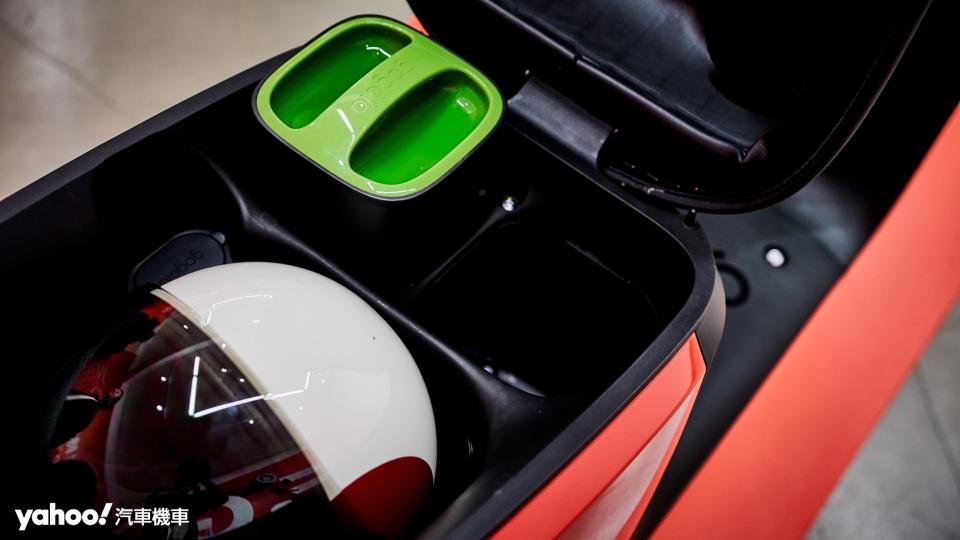 不論單電池或者雙電池車型的Gogoro JEGO皆具備相同車廂空間而僅是單電池車型多了一個閒置無功能的電池槽。