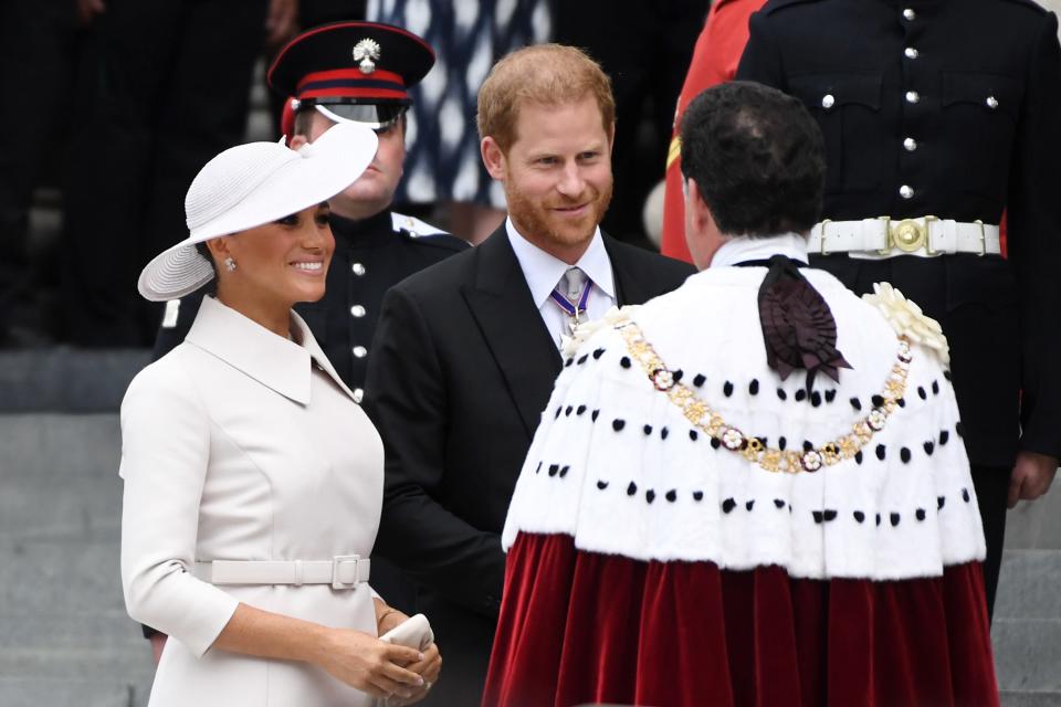 Meghan, Duchess of Sussex and Prince Harry, Duke of Sussex arrive at the National Service of Thanksgiving at St Paul's Cathedral on June 03, 2022 in London, England.