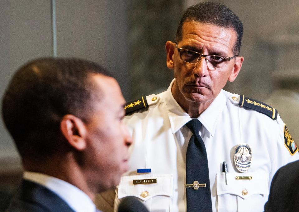 Montgomery Mayor Steven Reed and Police Chief Darryl Albert hold a news conference, at city hall in Montgomery, Ala., on Tuesday August 8, 2023, to discuss the riverfront brawl.