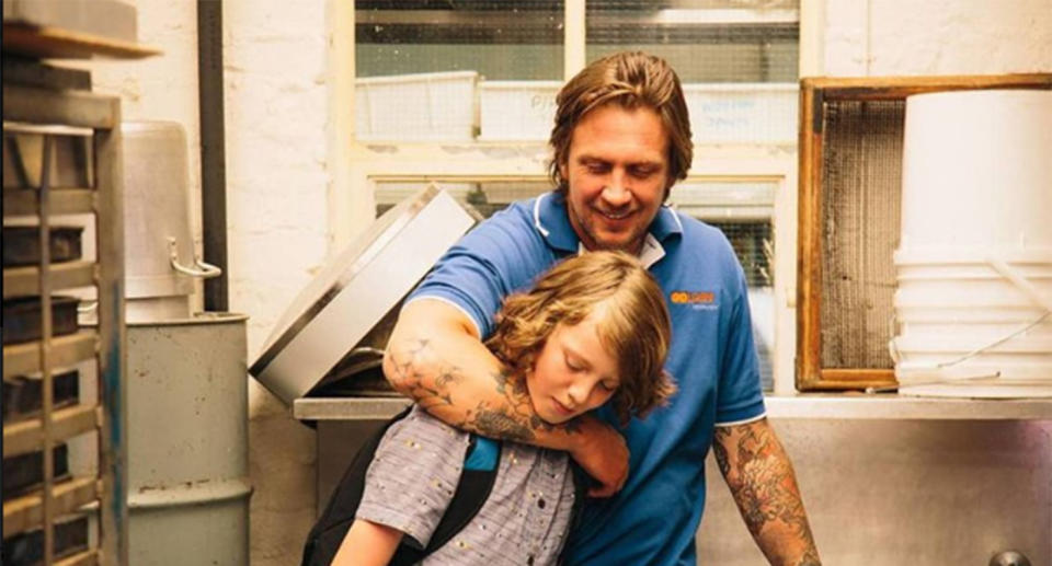 Damian Hill, pictured with his stepson Ty Perham in 'West of Sunshine, has died at the age of 42. 