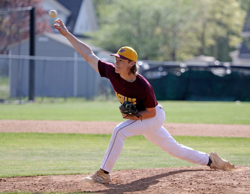 Washington's Doug Fischer (7) pitches against Mardela Monday, April 17, 2023, in Mardela Springs, Maryland. Washington defeated Mardela 8-1.