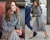 <p>Kate wore her black and white checkered Zara dress for the first time in January 2020. She then re-wore the look in October 2021, during a visit to the University College London. </p>