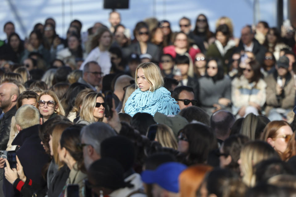 Lila Moss wears a creation as part of the Stella McCartney Fall/Winter 2024-2025 ready-to-wear collection presented Monday, March 4, 2024 in Paris. (Photo by Vianney Le Caer/Invision/AP)