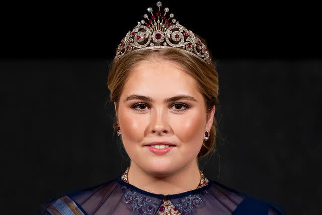 <p>Patrick van Katwijk/Getty</p> Princess Catharina-Amalia of the Netherlands attends her first state banquet on April 17, 2024.