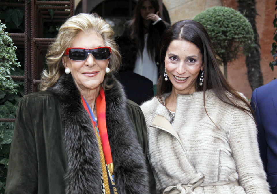 MADRID, SPAIN - JANUARY 27: (EXCLUSIVE COVERAGE) Pitita Ridruejo (L) attend Carlos Stilianopoulos and Estela (R) wedding on January 27, 2012 in Madrid, Spain.  (Photo by Europa Press/Europa Press via Getty Images)